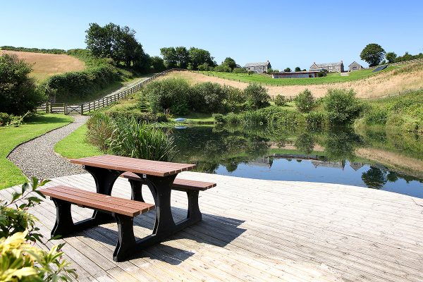 the deck and pond at helsbury park